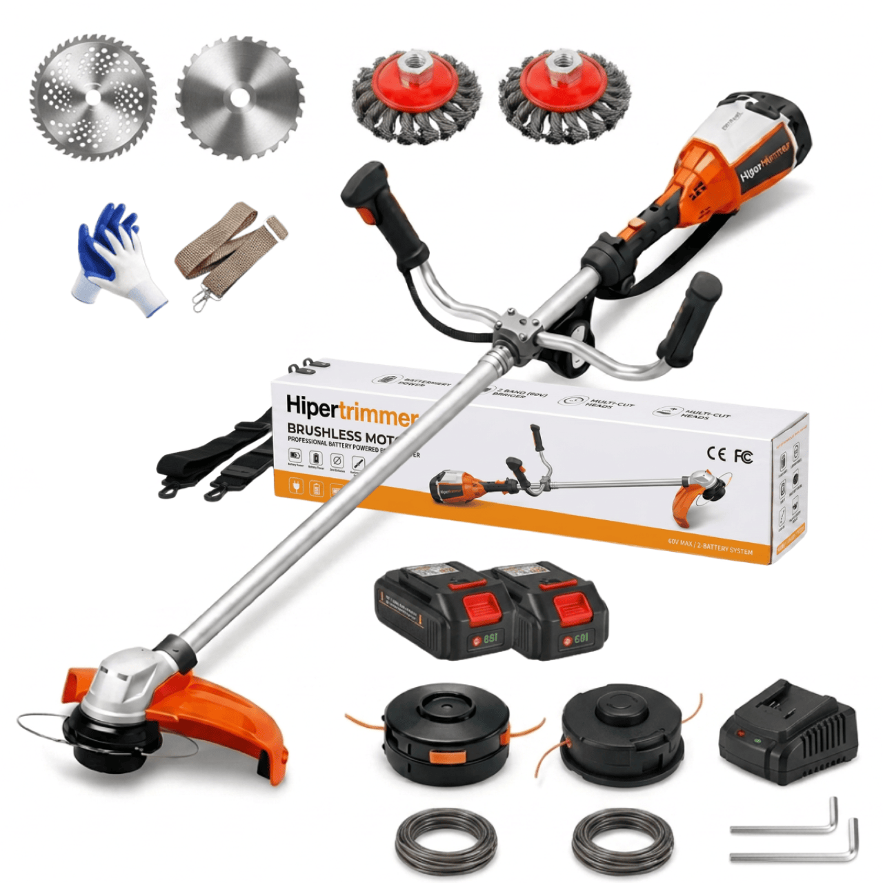 Contenuto completo della confezione Hipertrimmer: corpo macchina, 2 batterie 60V agli ioni di litio, caricabatterie rapido, 3 teste di taglio (filo, lama, disco), cintura ergonomica, guanti, occhiali e manuale
